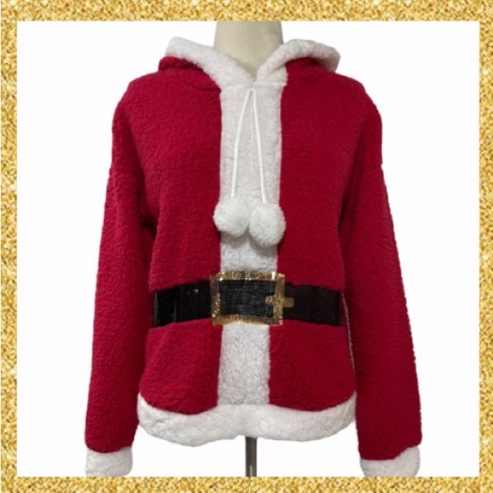 Christmas Sweater Santa Glitter Sherpa Pullover Hoodie Mrs Claus Red White Black